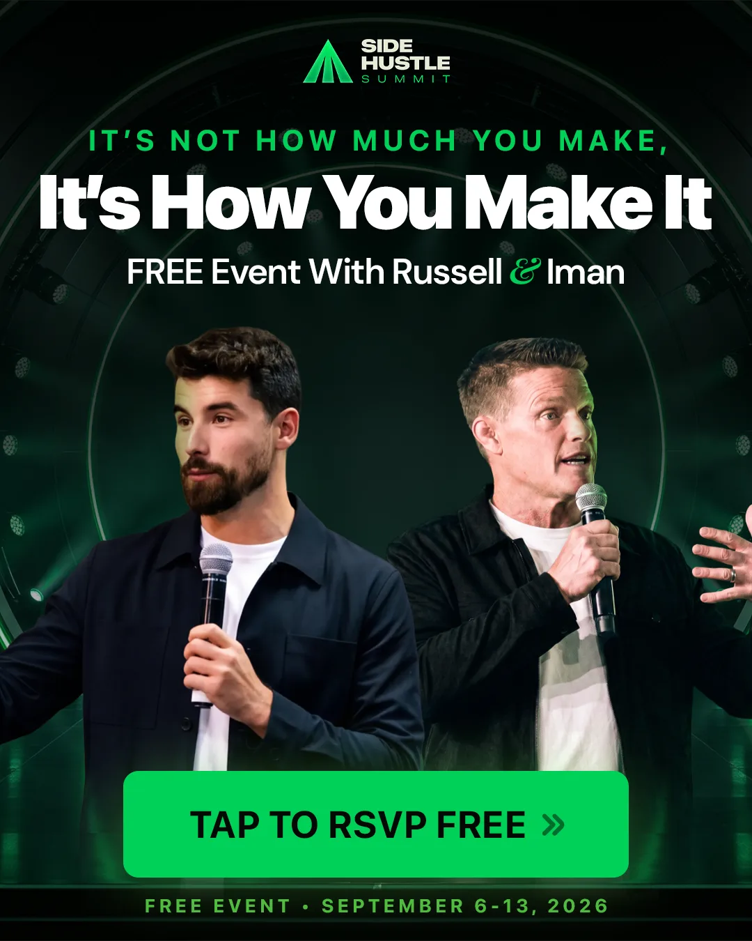 Iman Gadzhi and Russell Brunson, official Side Hustle Summit creative