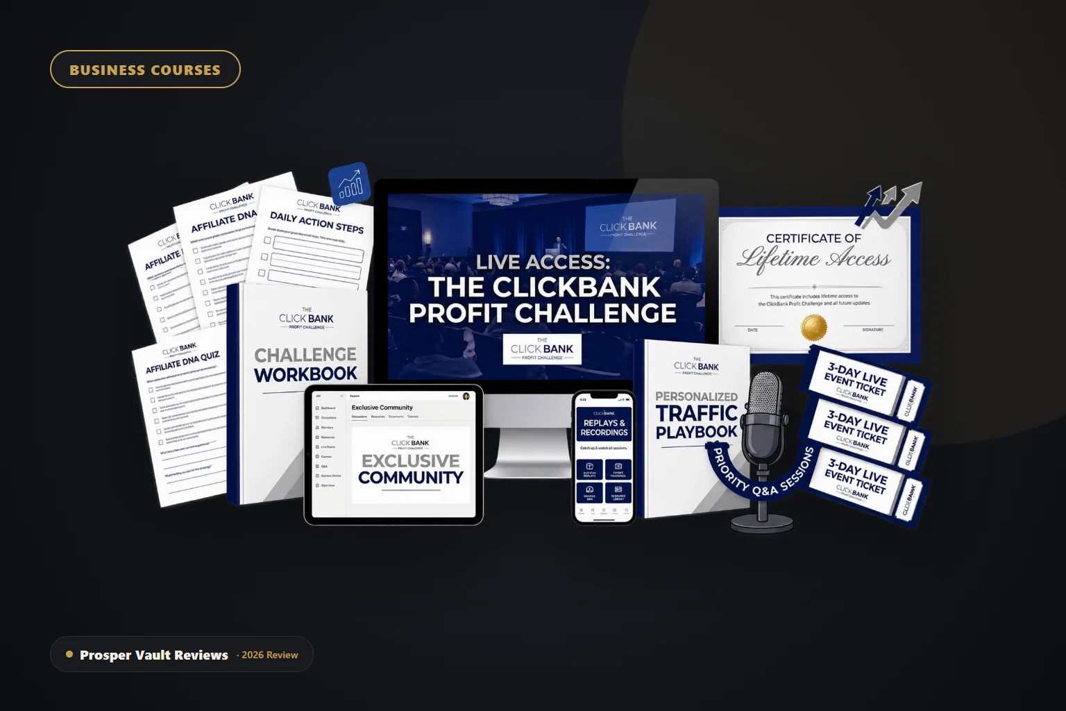 ClickBank Profit Challenge - John Thornhill - official bundle mockup with workbook, tickets, and community access