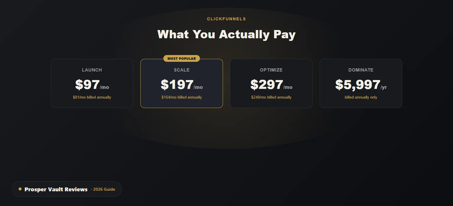 ClickFunnels pricing 2026: Launch 7, Scale 97, Optimize 97, Dominate ,997 compared