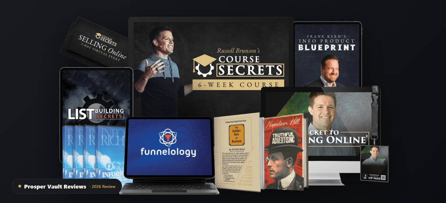 Course Secrets by Russell Brunson bundle: Dan Kennedy Info Riches, Frank Kern Info Product Blueprint, Funnelology